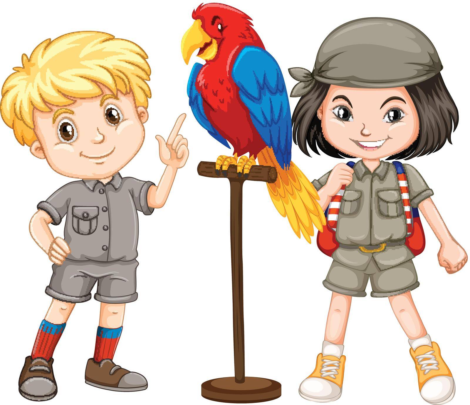 Two children with parrot pet illustration