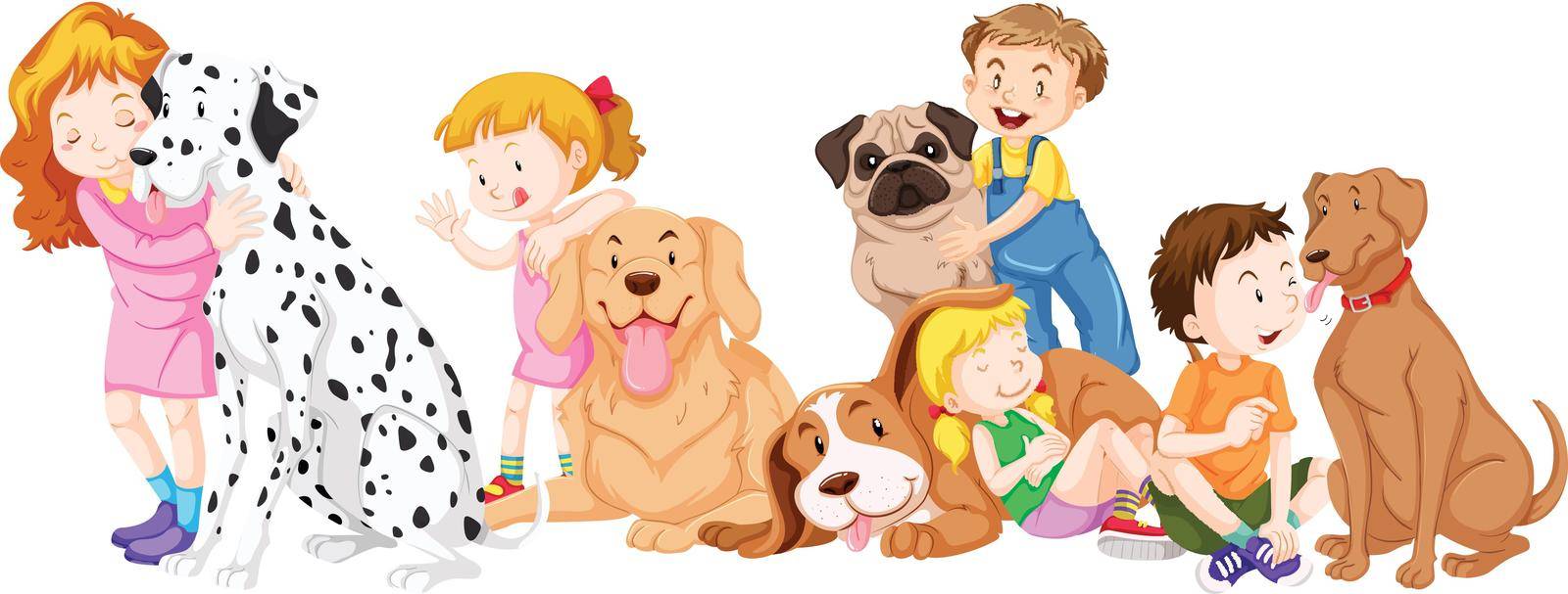 Children with pet dogs illustration