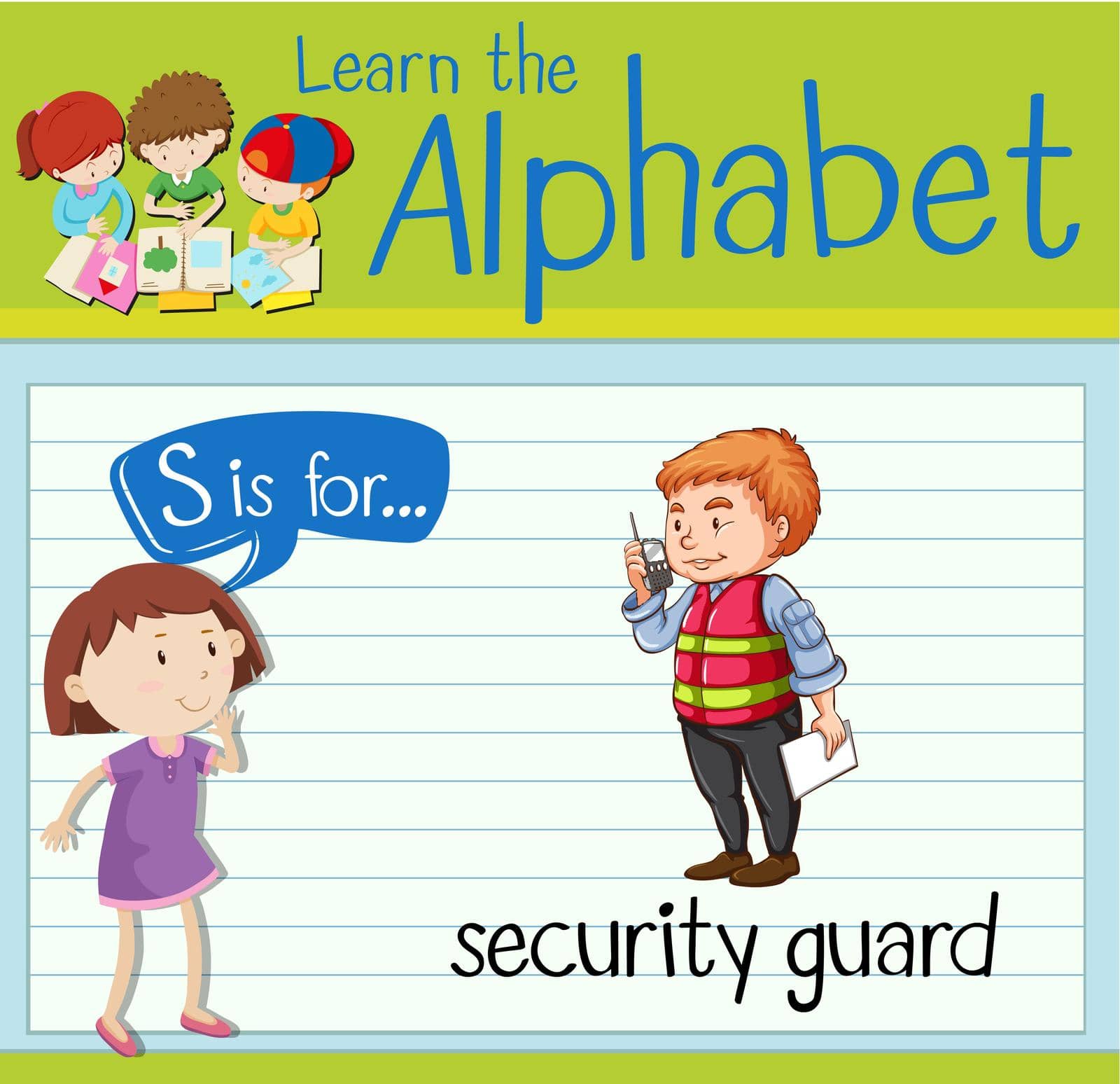 Flashcard letter S is for security guard illustration