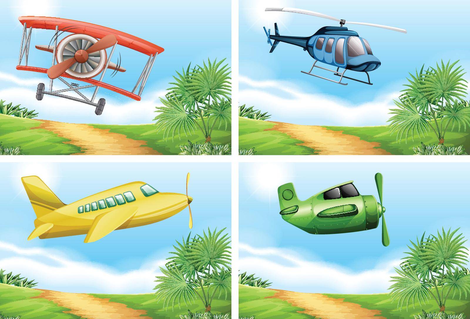 Scenes with airplanes in the sky illustration