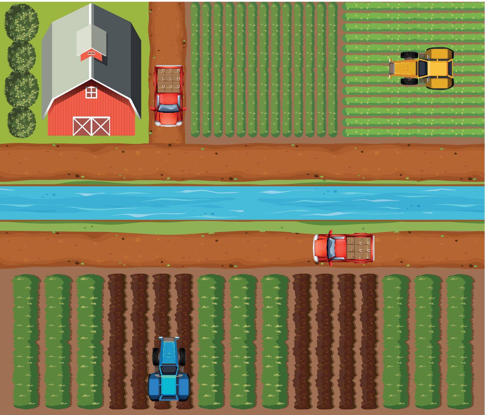 Aerial scene of farmlands with crops and barn illustration