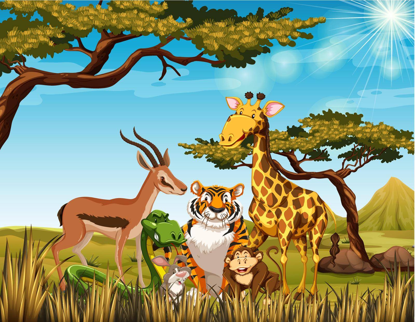 Wild animals in the savanna field illustration