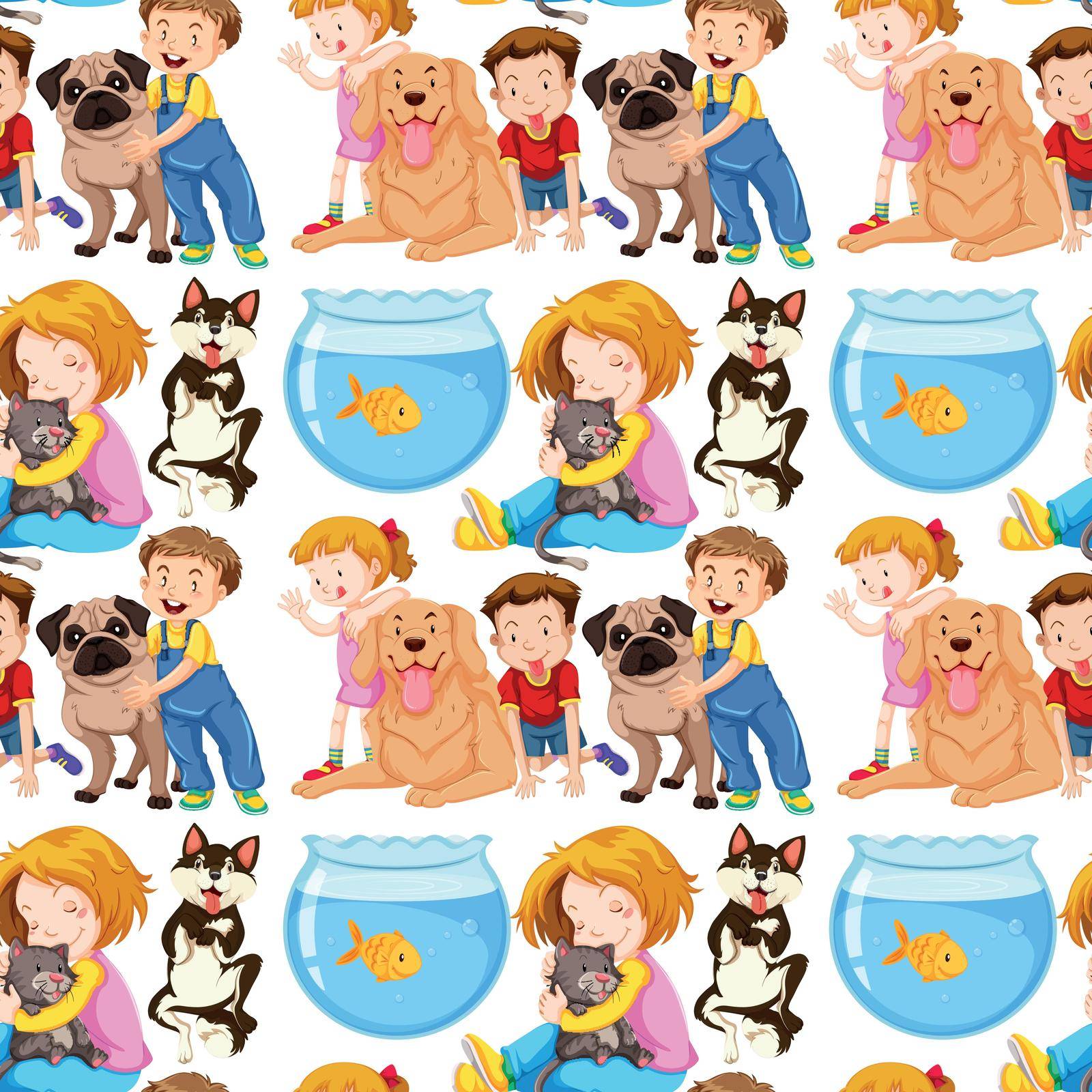 Seamless background with kids and pets illustration