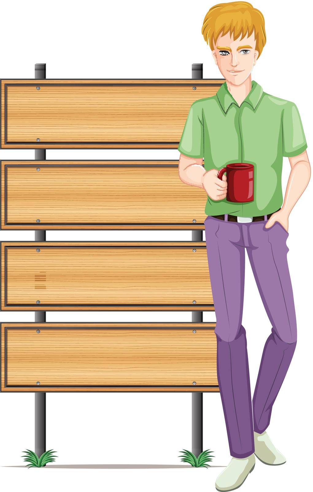 Man with coffee mug and wooden signs illustration
