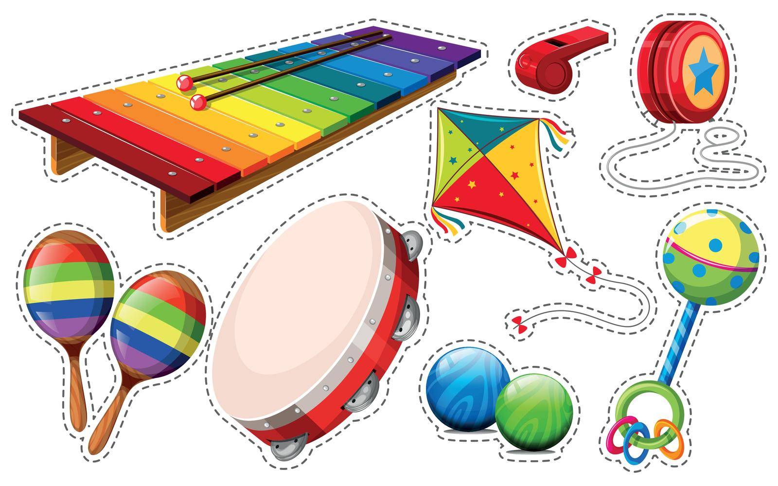 Sticker set of musical instrument and toys illustration