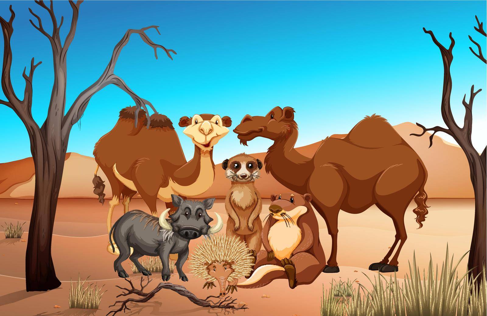 Wild animals in the savanna field illustration