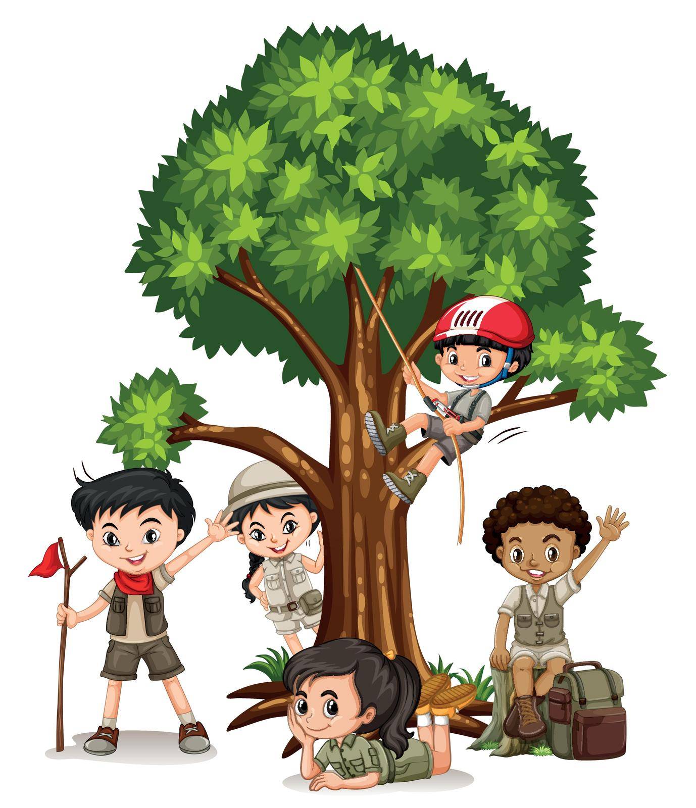 Boys and girls climbing tree illustration