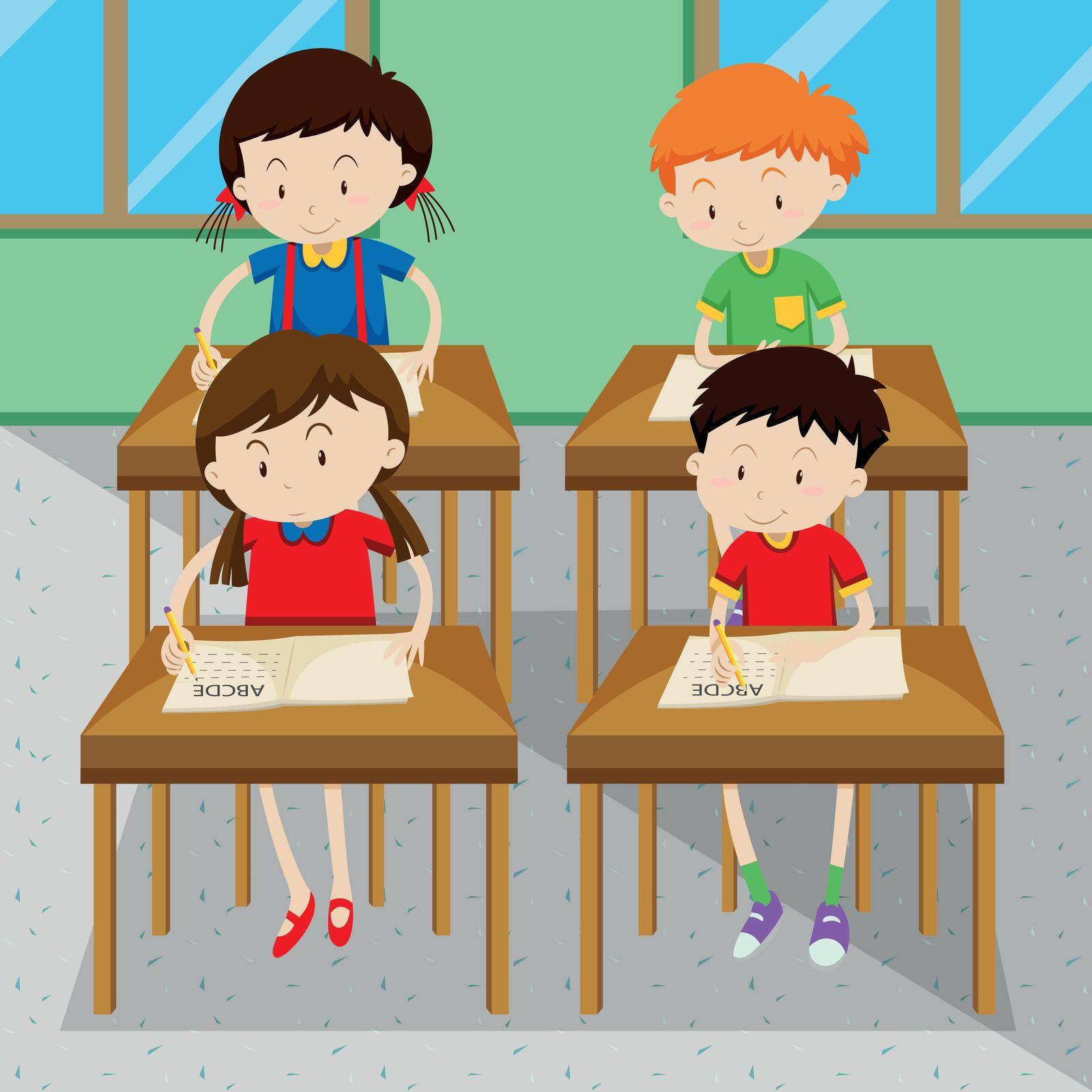 Students writing and learning at school illustration