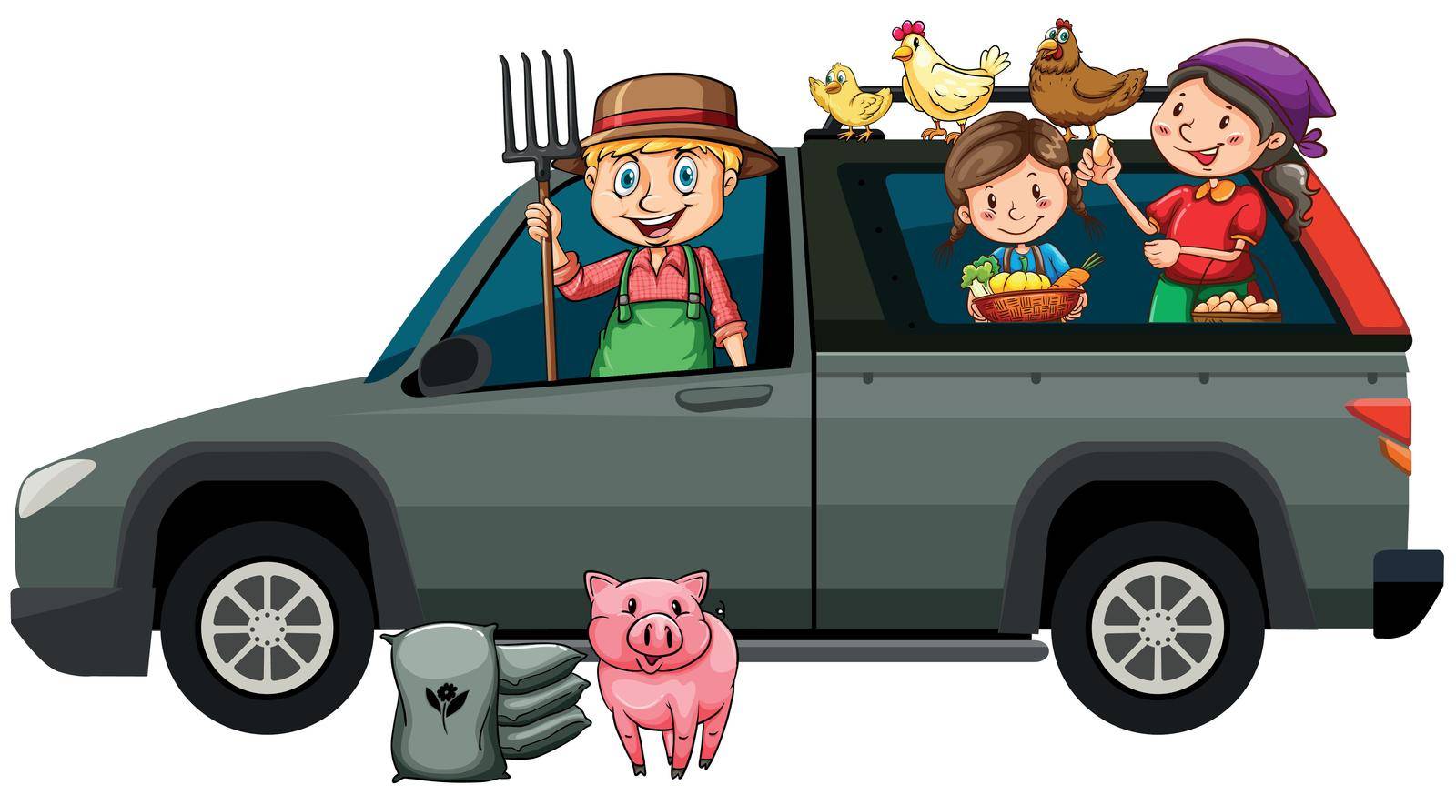Farmers in gray truck illustration