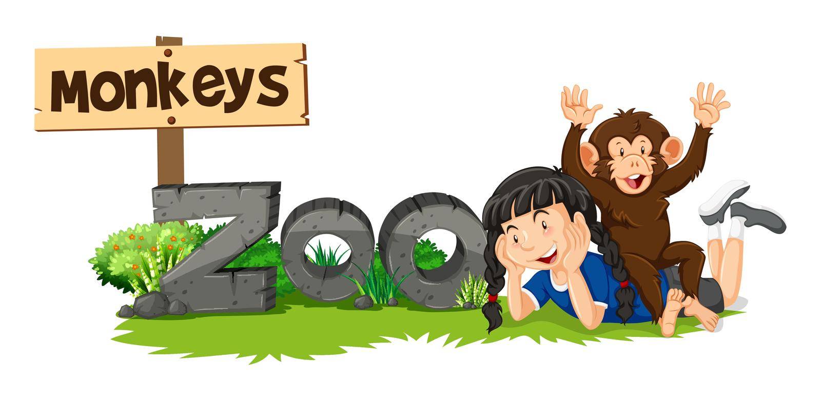 Monkey and girl by the zoo sign illustration