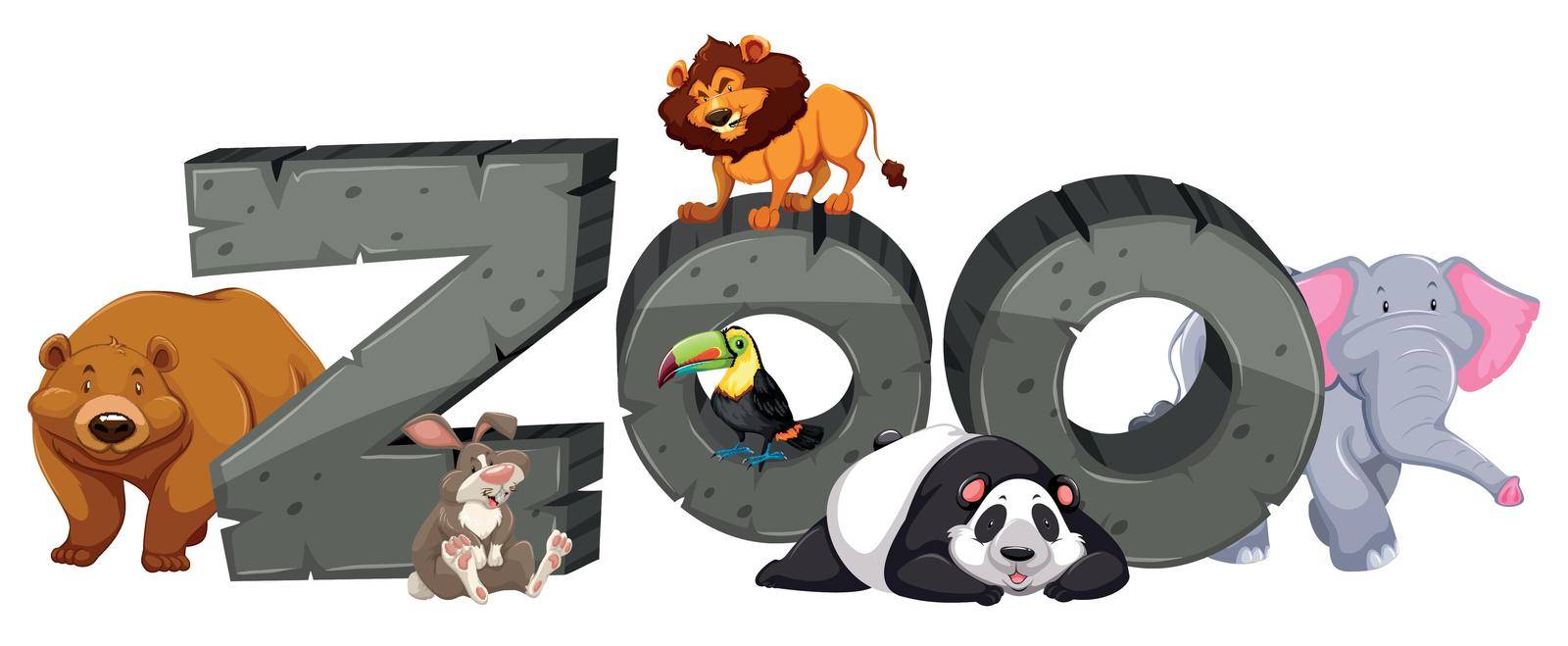 Zoo sign and many animals illustration