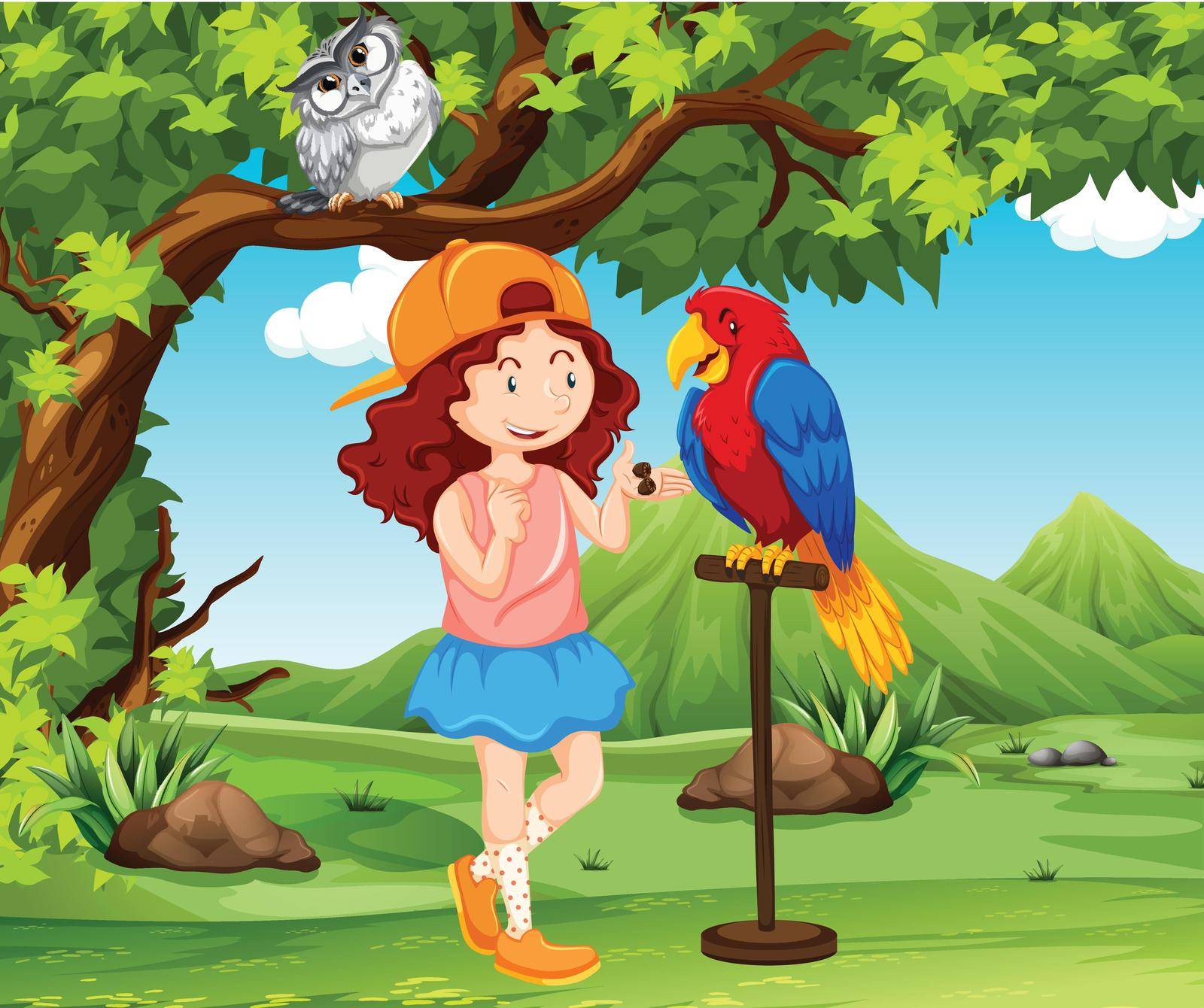 A girl training parrot illustration