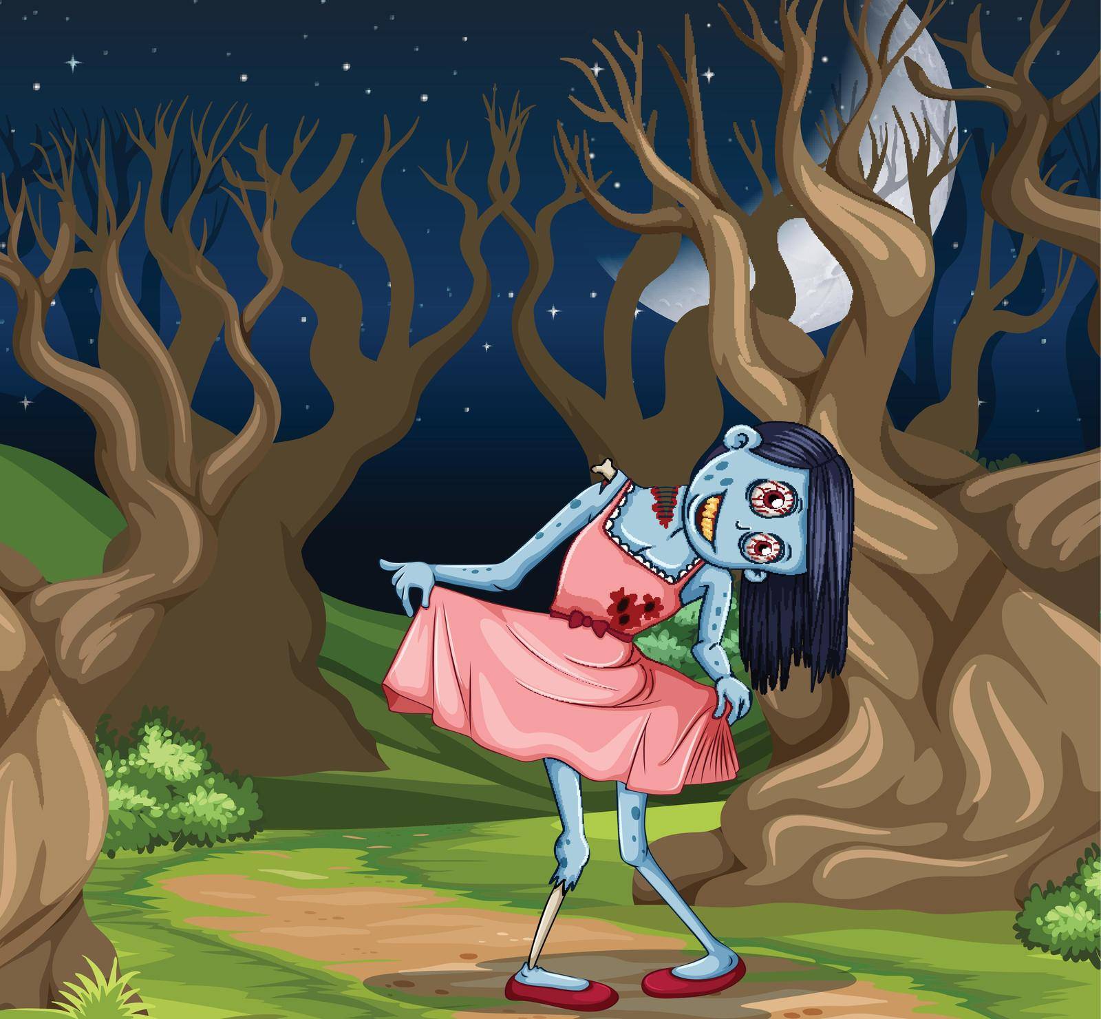 Creepy zombie girl scene illustration