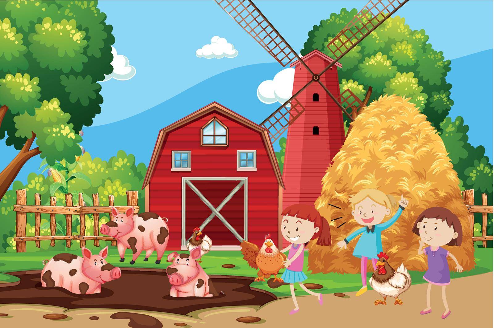 Children playing at the farmland illustration