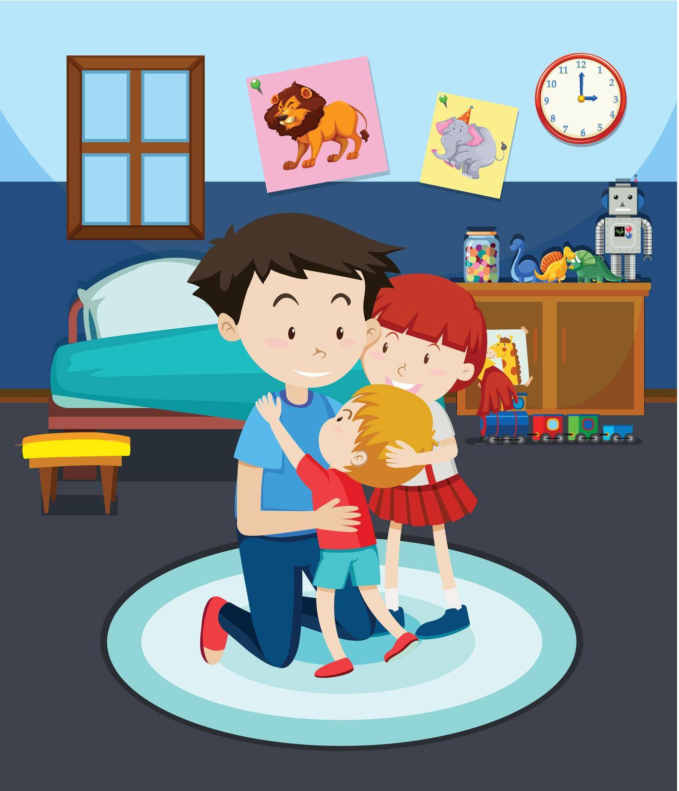 Dad and children in bedroom illustration
