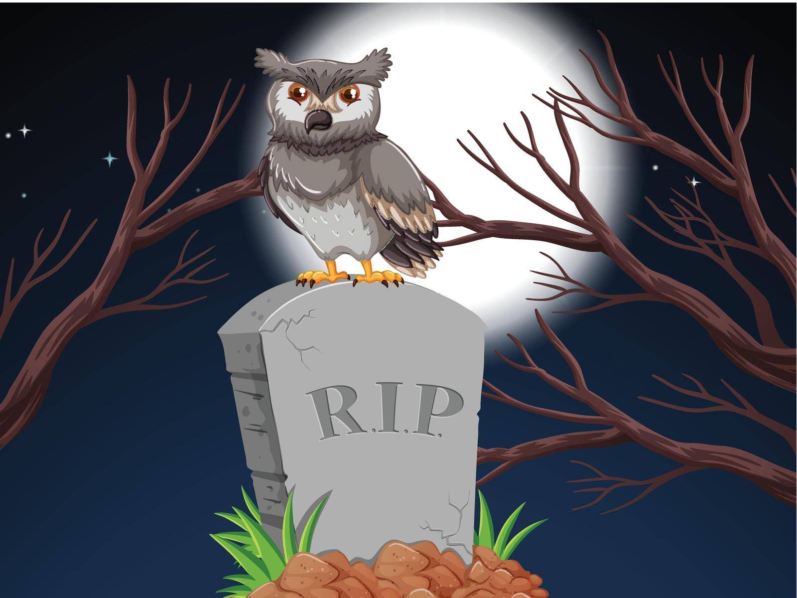An owl on tombstone at night illustration
