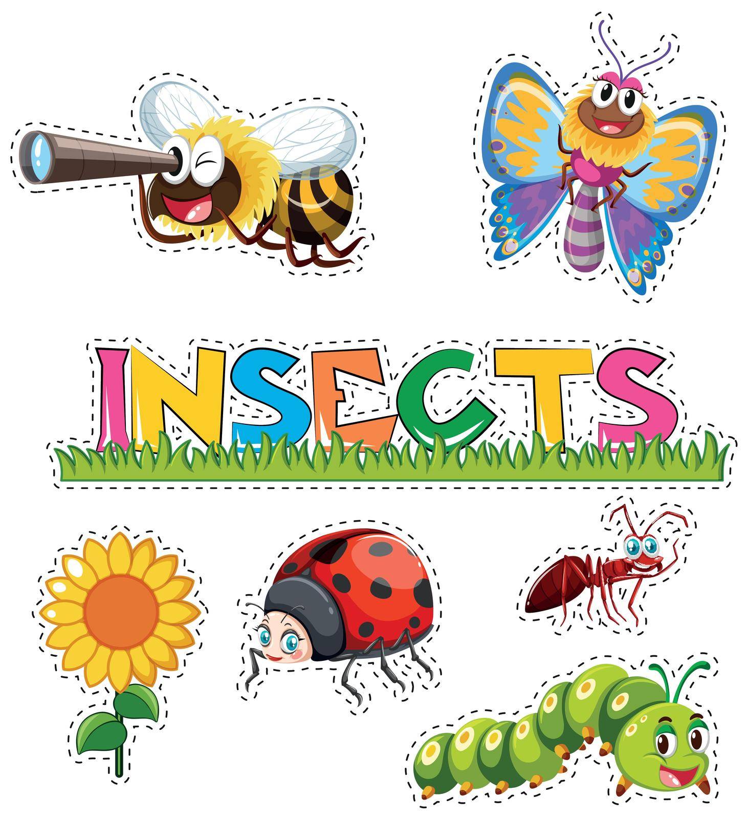 Many insects in sticker design illustration