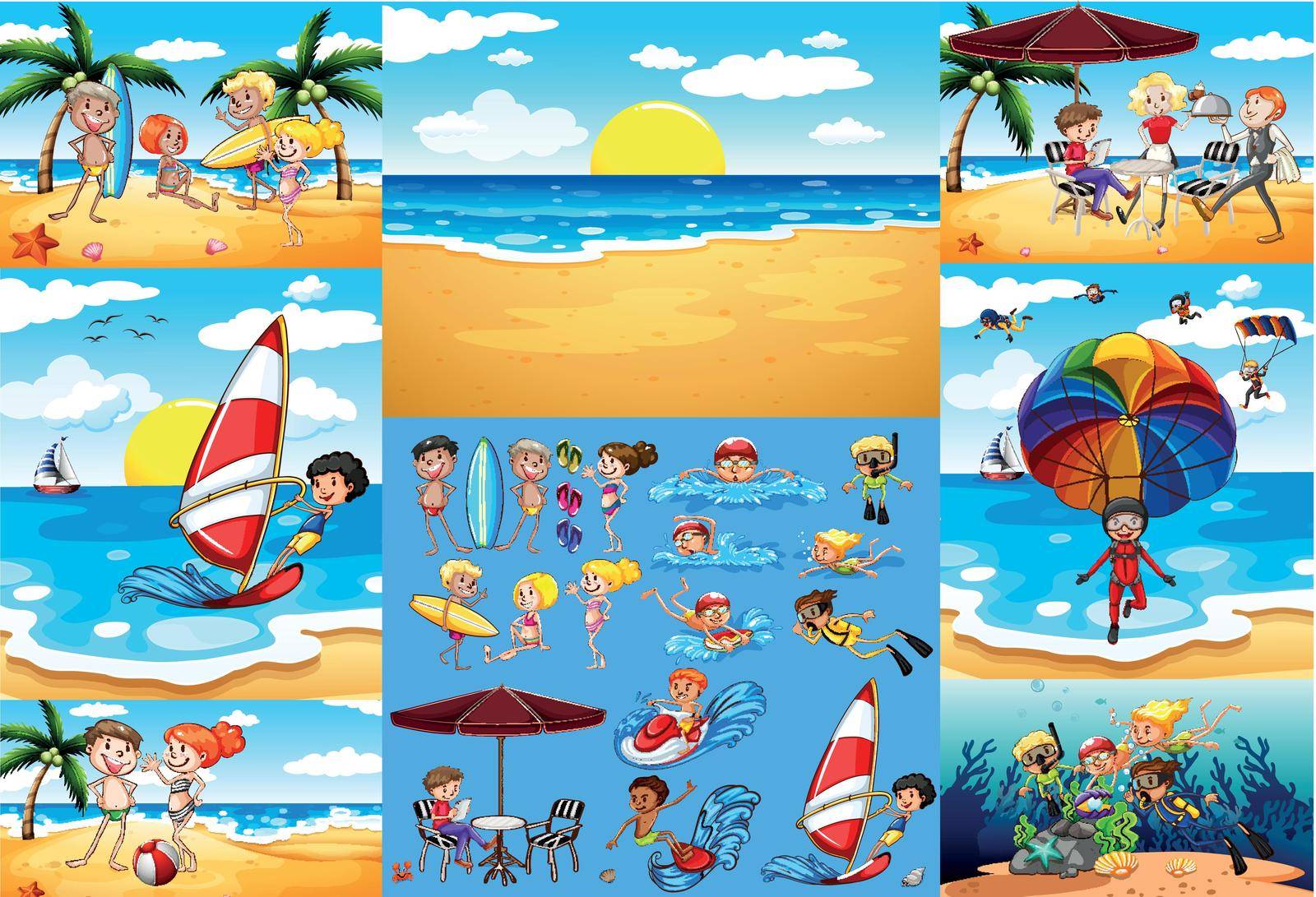 Ocean scenes with tourists having fun illustration