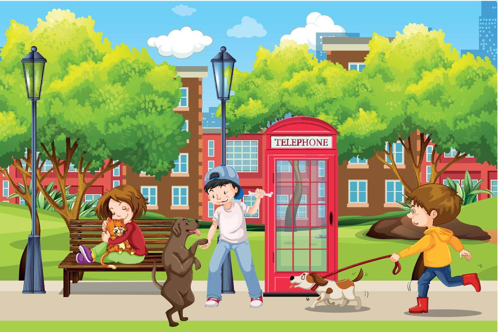 People and their pets in park illustration