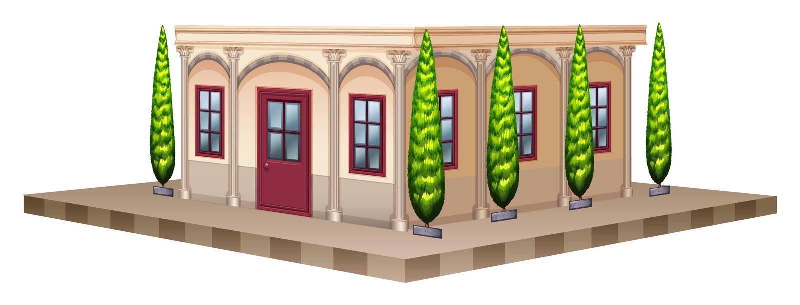 Building with pine trees on the sides illustration