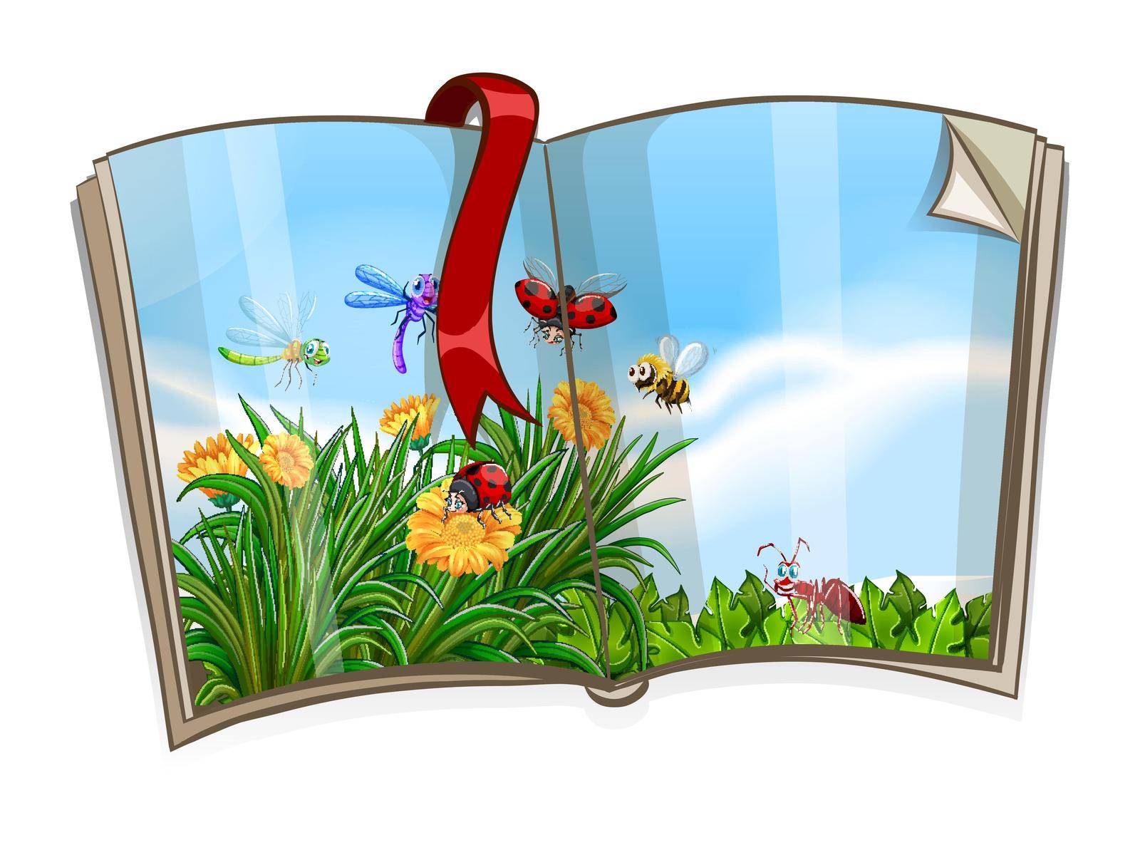 Book with insects flying in garden scene illustration