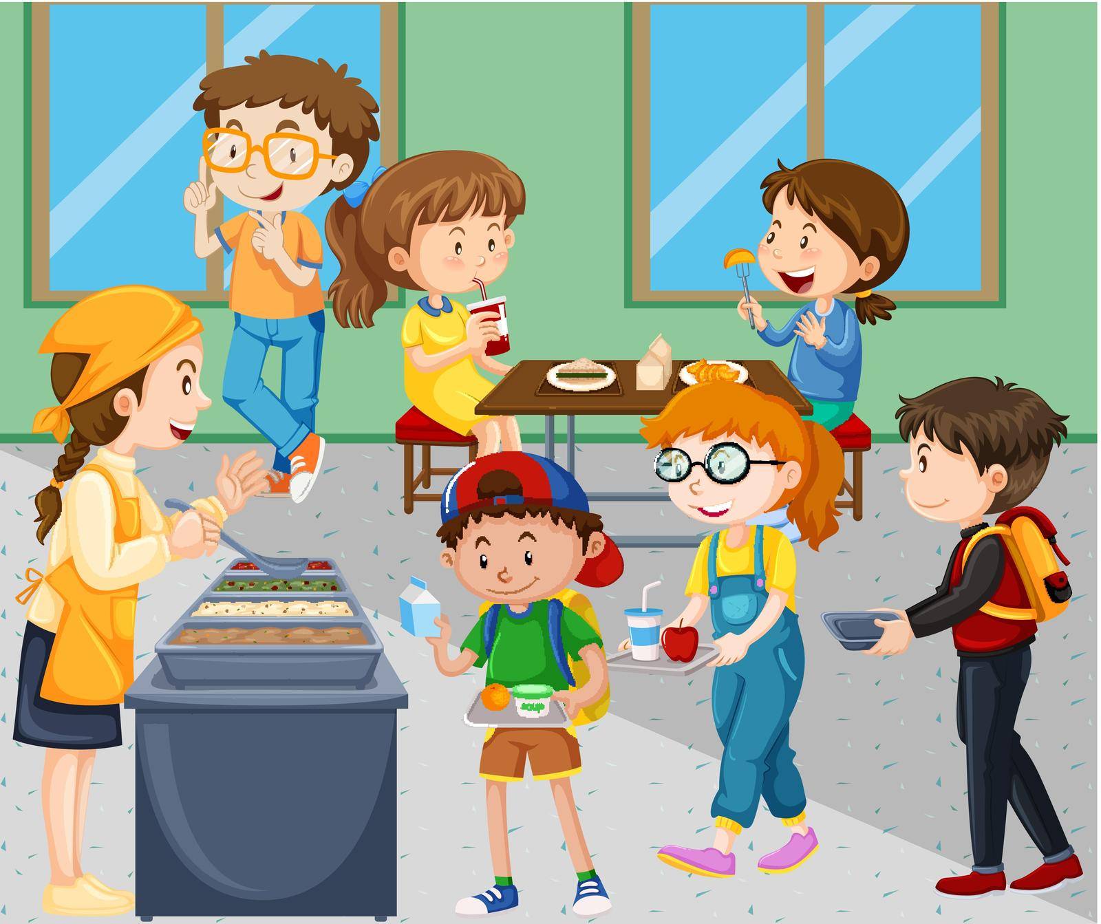 Children eating lunch in cafeteria illustration