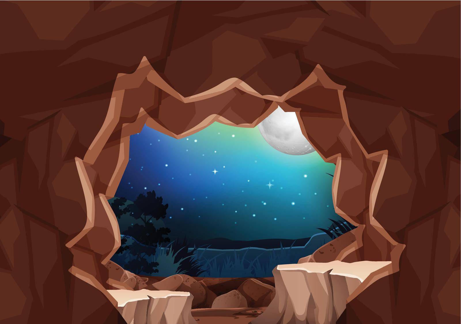 A moonlight cave landscape illustration