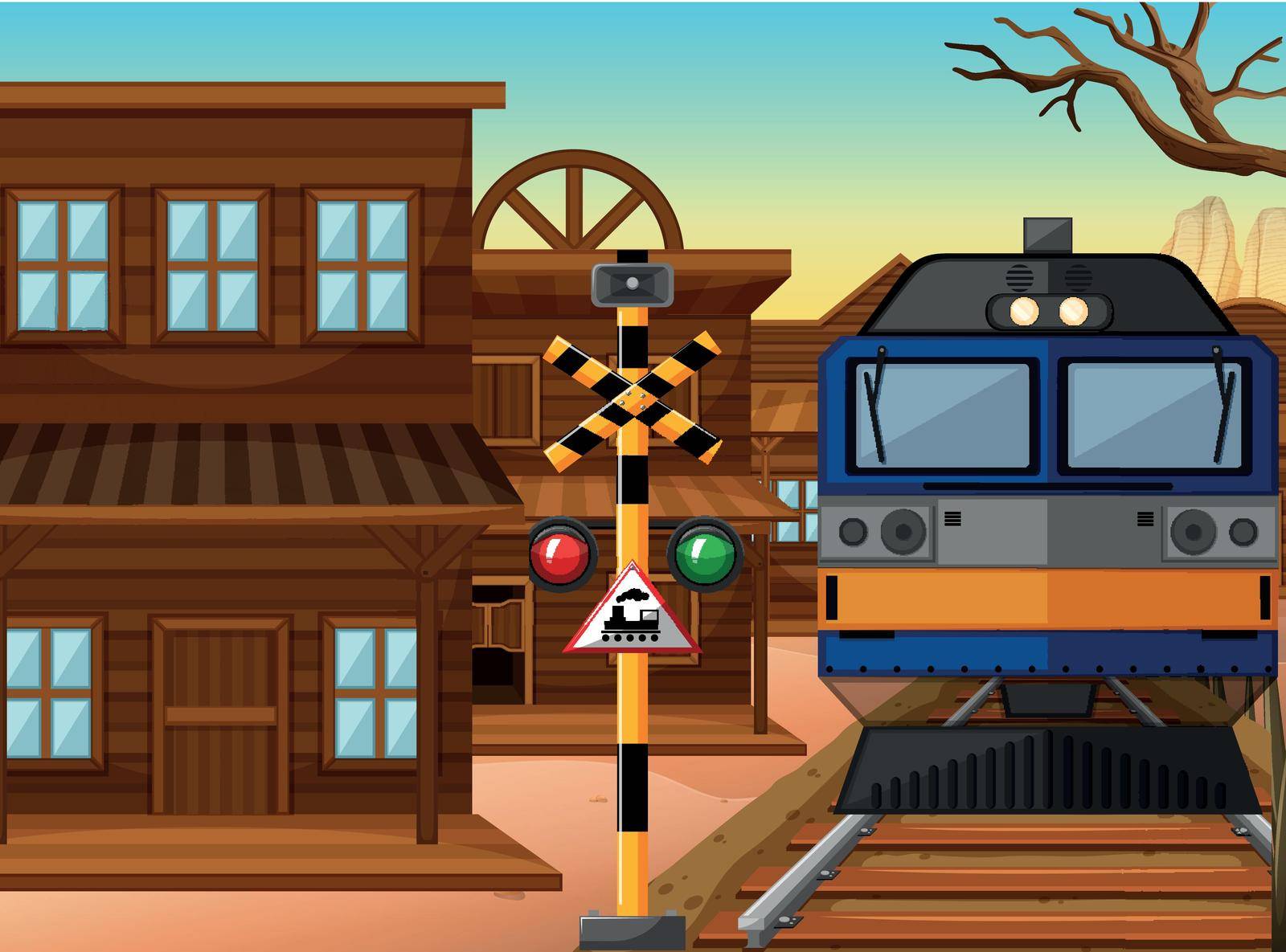 Train ride through western town illustration