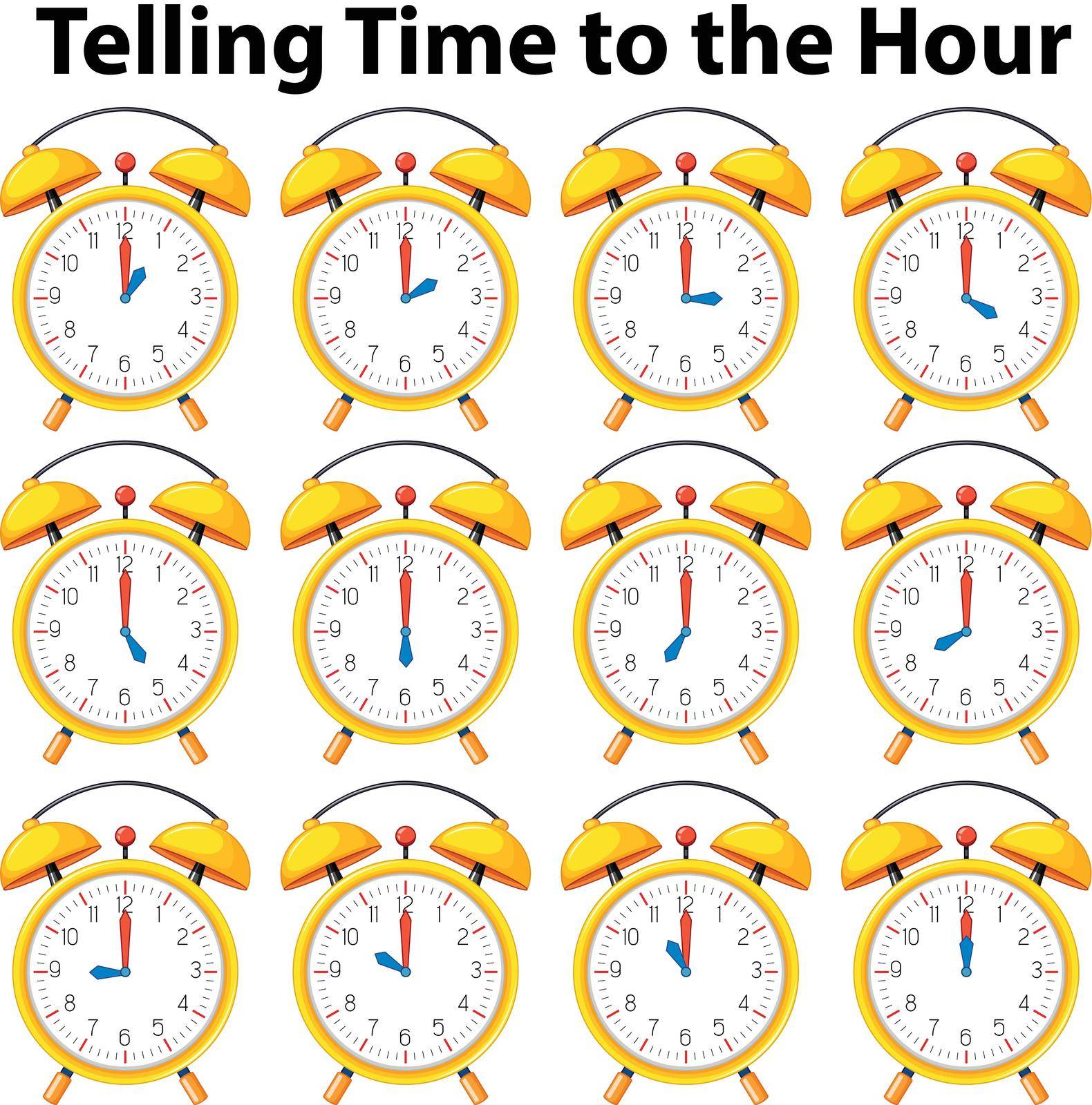 Telling time to the hour on yellow clock illustration