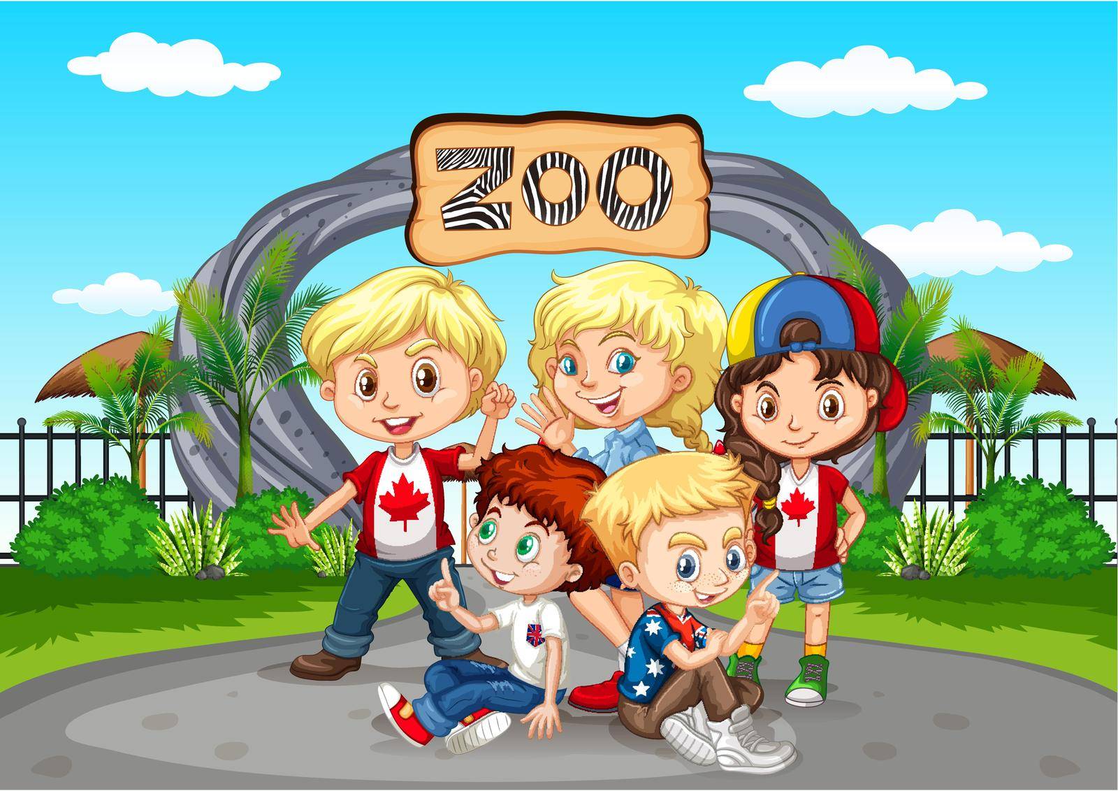 Many children visiting the zoo illustration