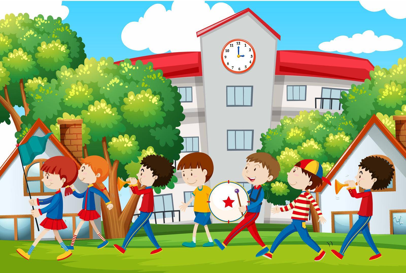 School band marching in front of school illustration