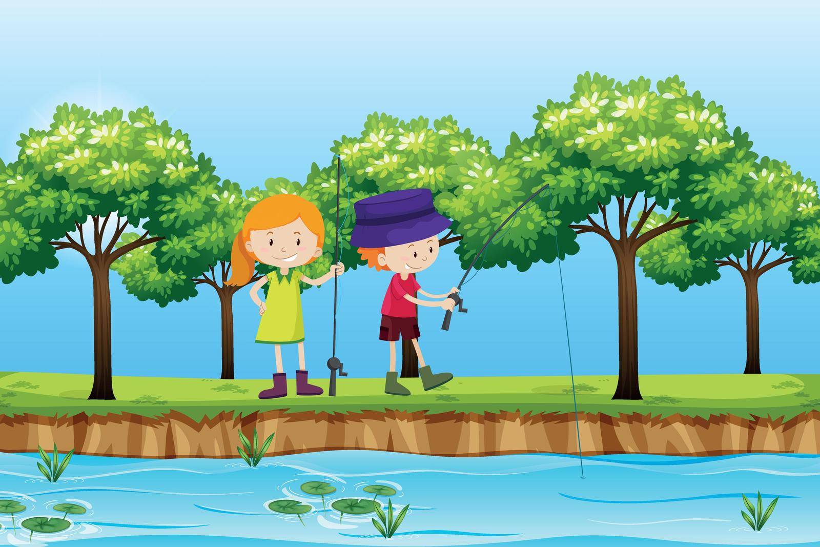 Two children fishing lake scene illustration