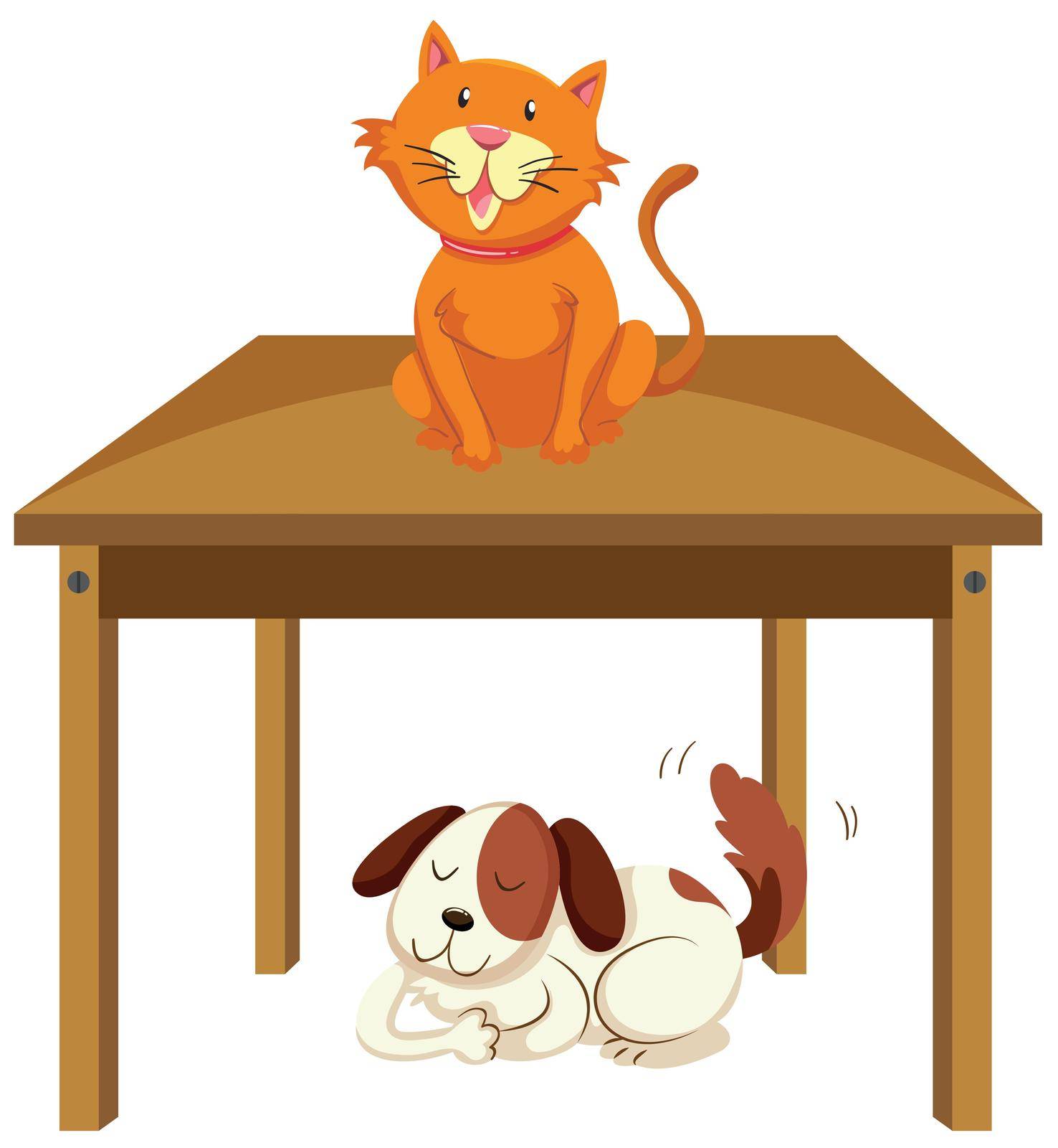 Cat on the table and dog under the table by iimages