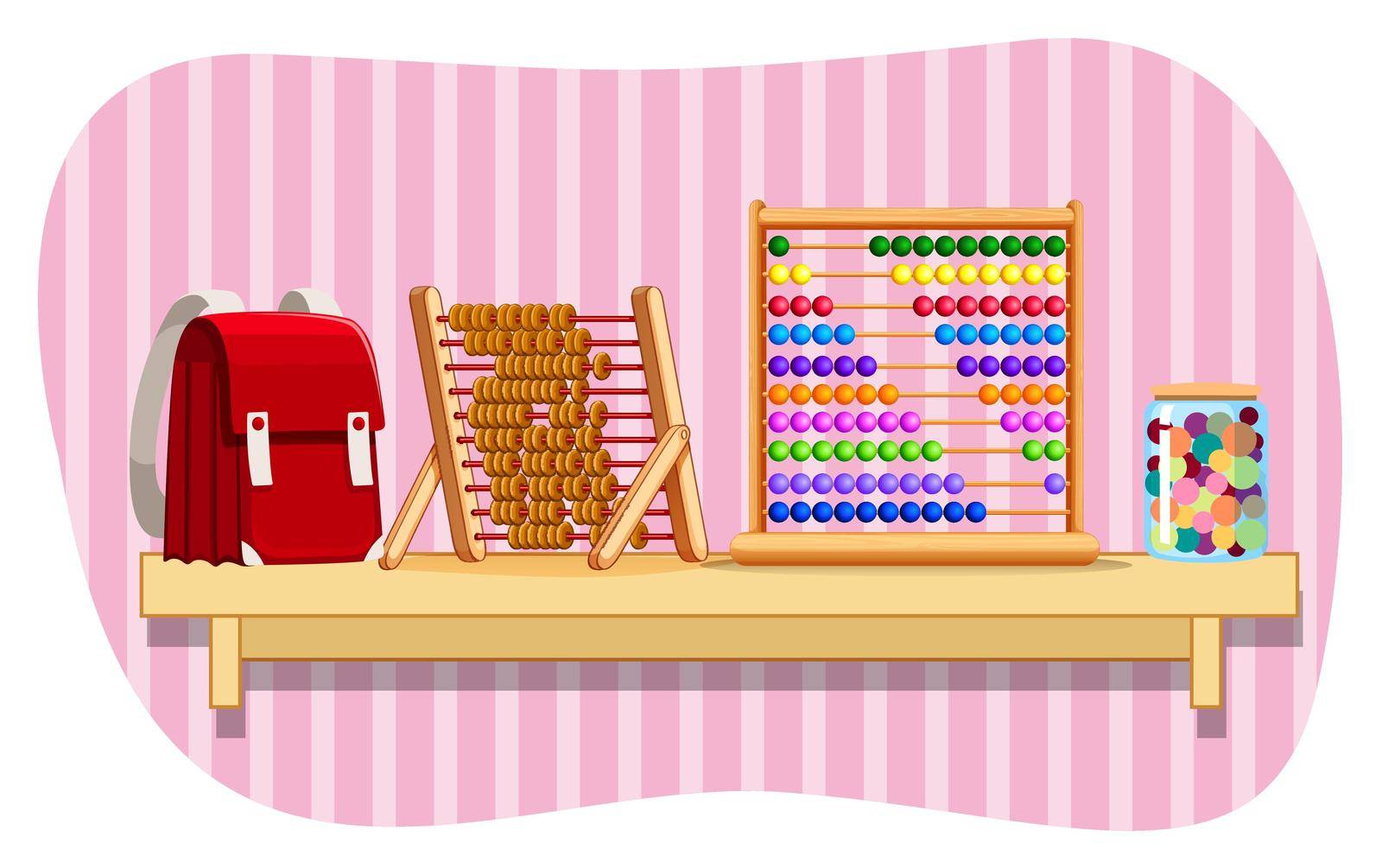 Schoolbag and abacus on shelf by iimages