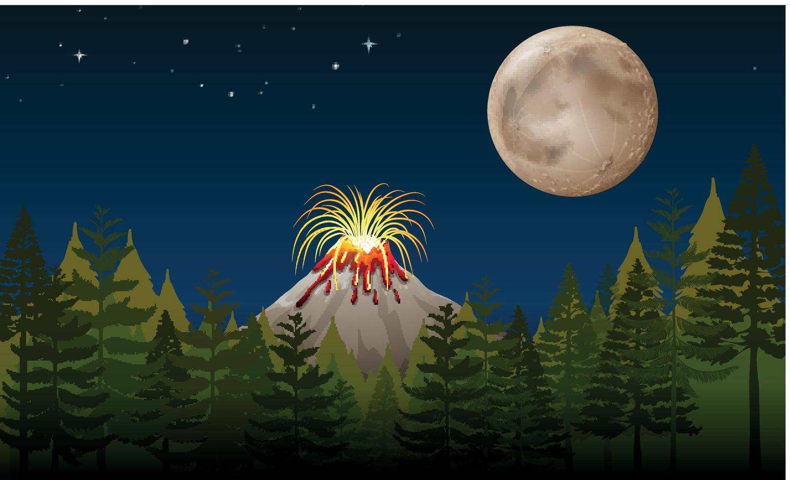 Volcano eruption at night illustration