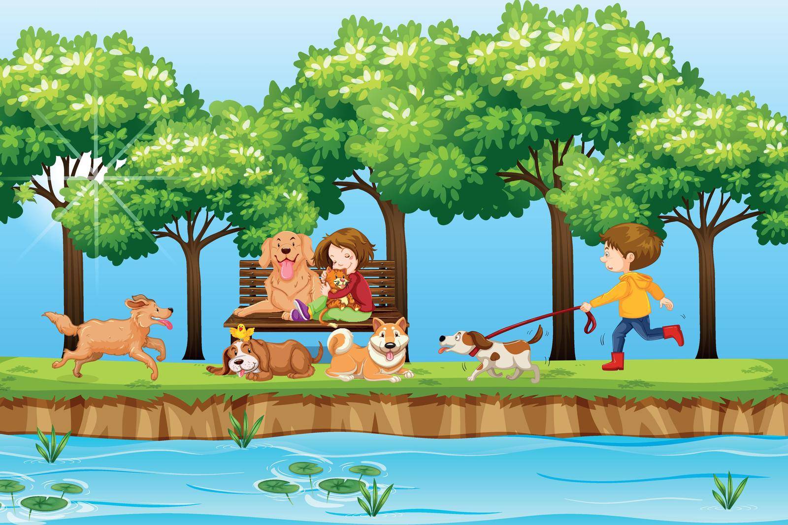 Children and dogs in park illustration