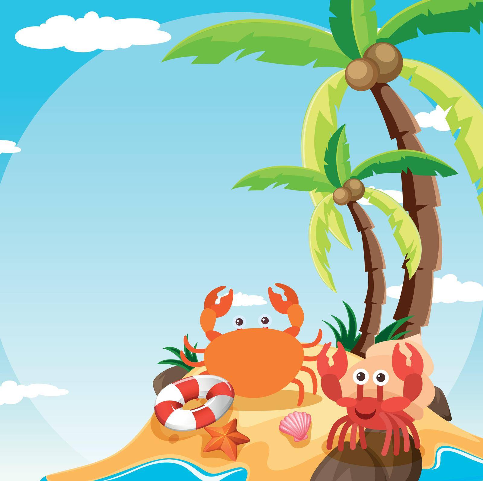 Scene with crab and hermit crab on island illustration
