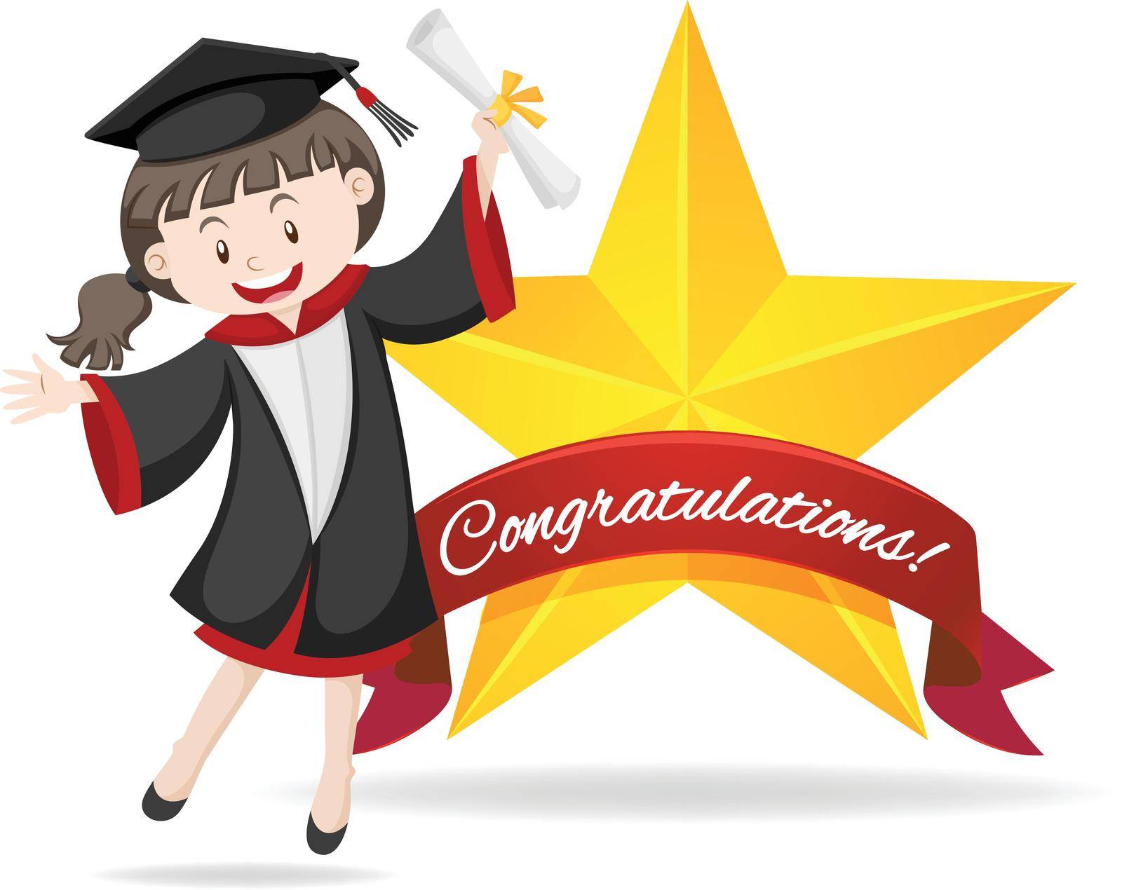 Congratulation sign with girl holding degree illustration