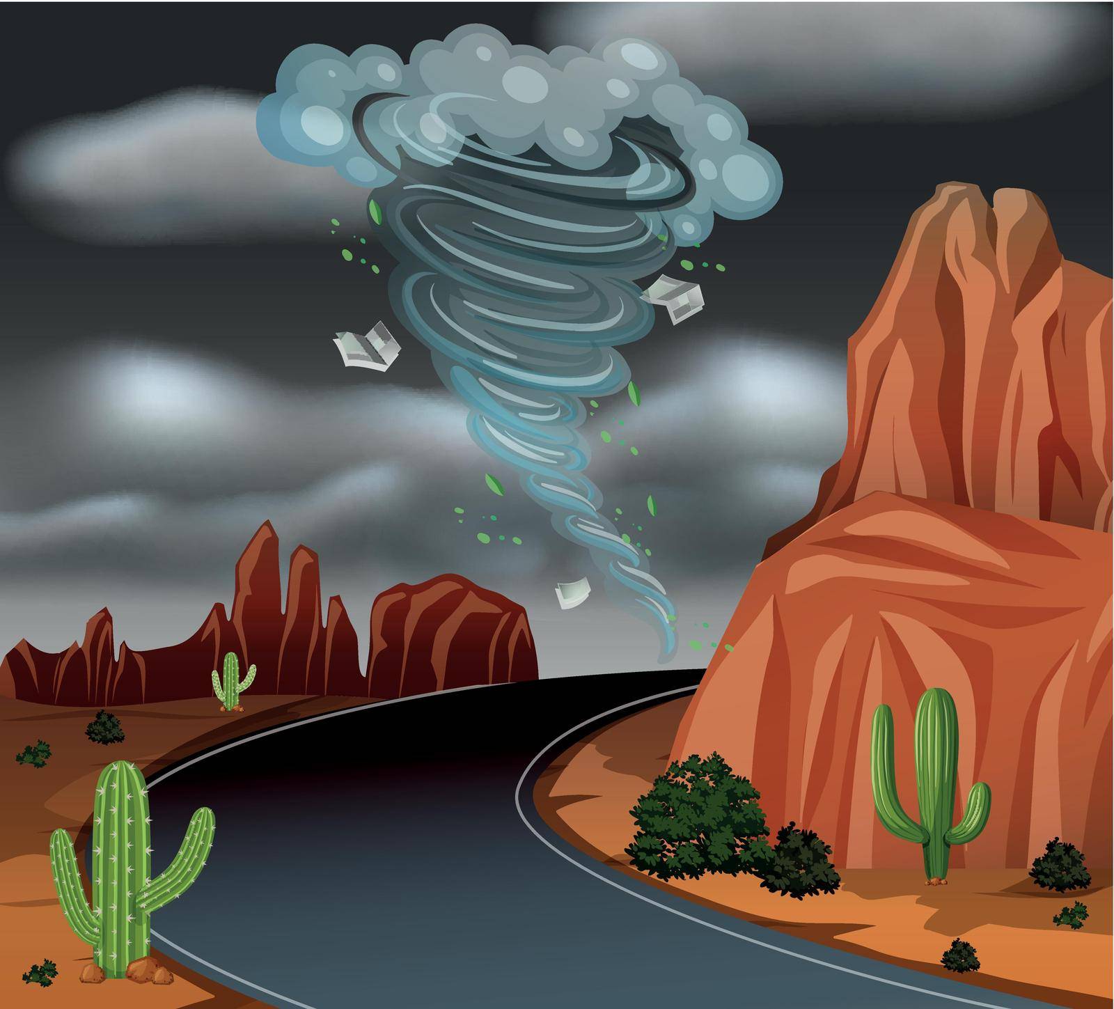 Cyclone storm desert scene illustration