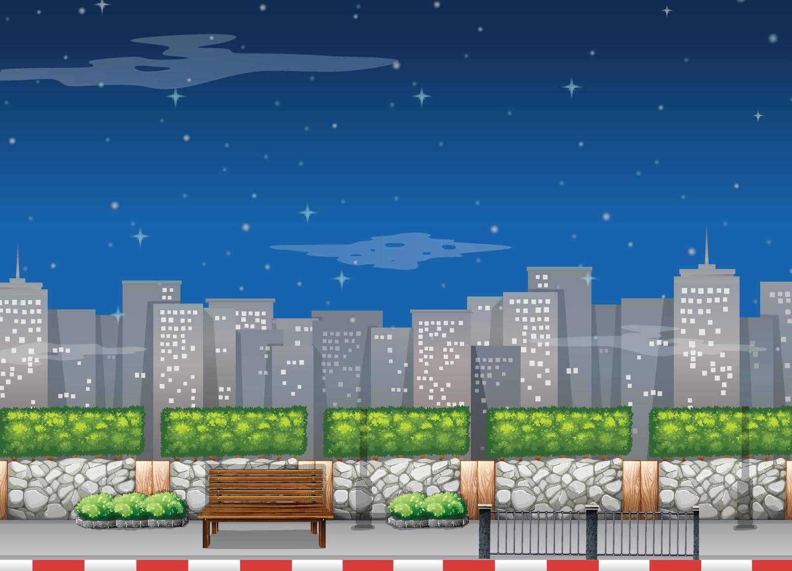 City scene with tall buildings at night illustration