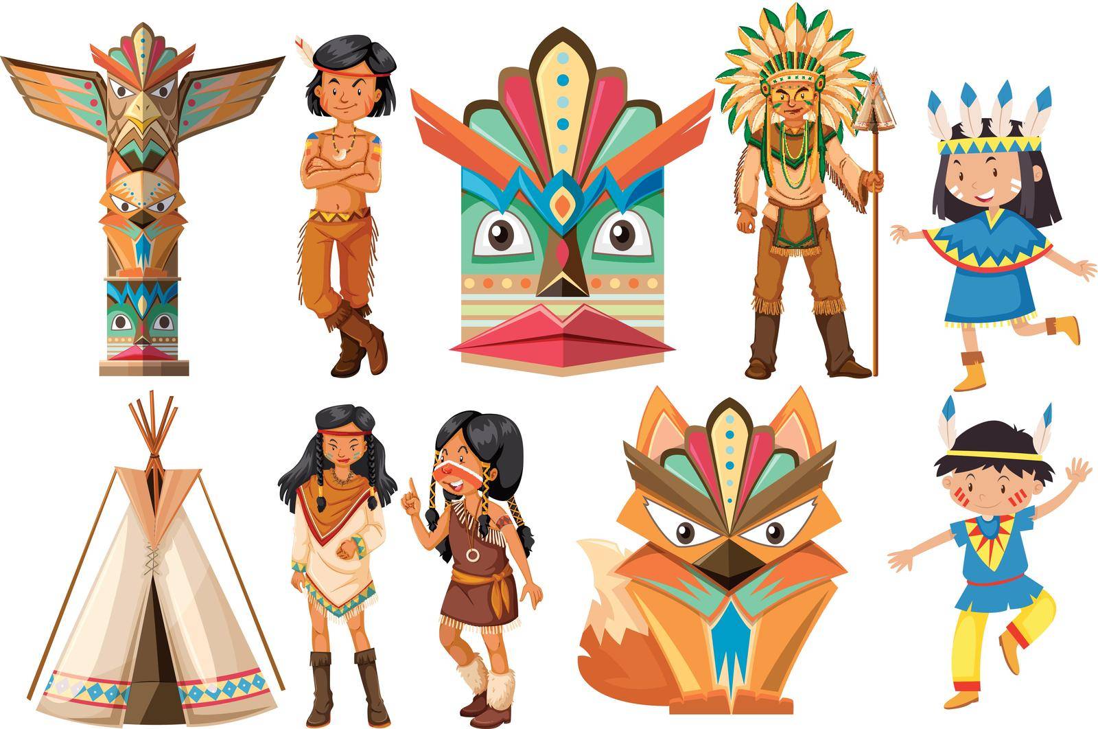 Native american indians and traditional items illustration