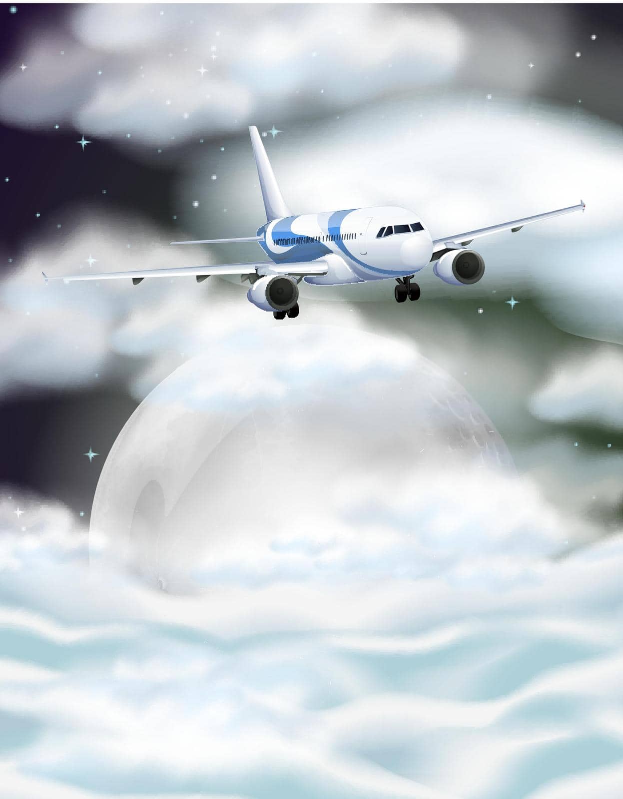 Airplane flying at night time illustration
