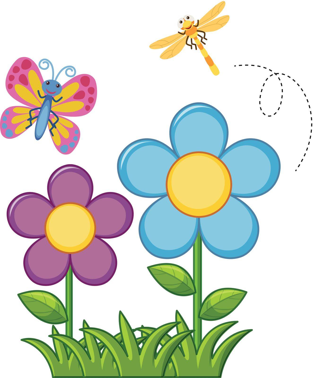 Butterfly and dragonfly in flower garden illustration