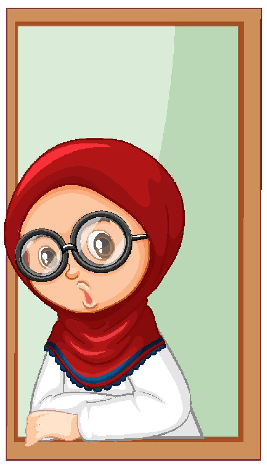 Muslim girl by the window on white background illustration