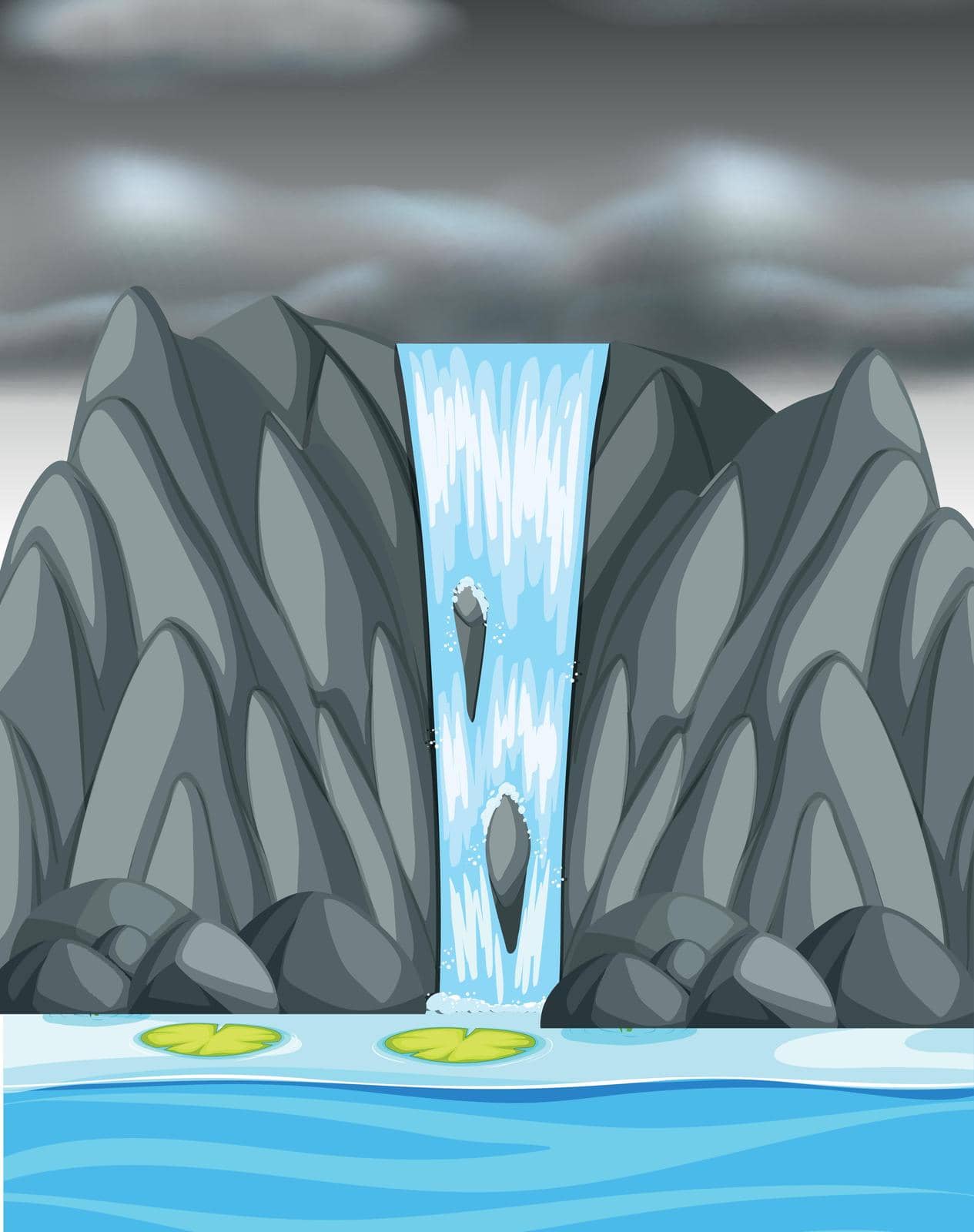 Waterfall with dark stormy clouds illustration