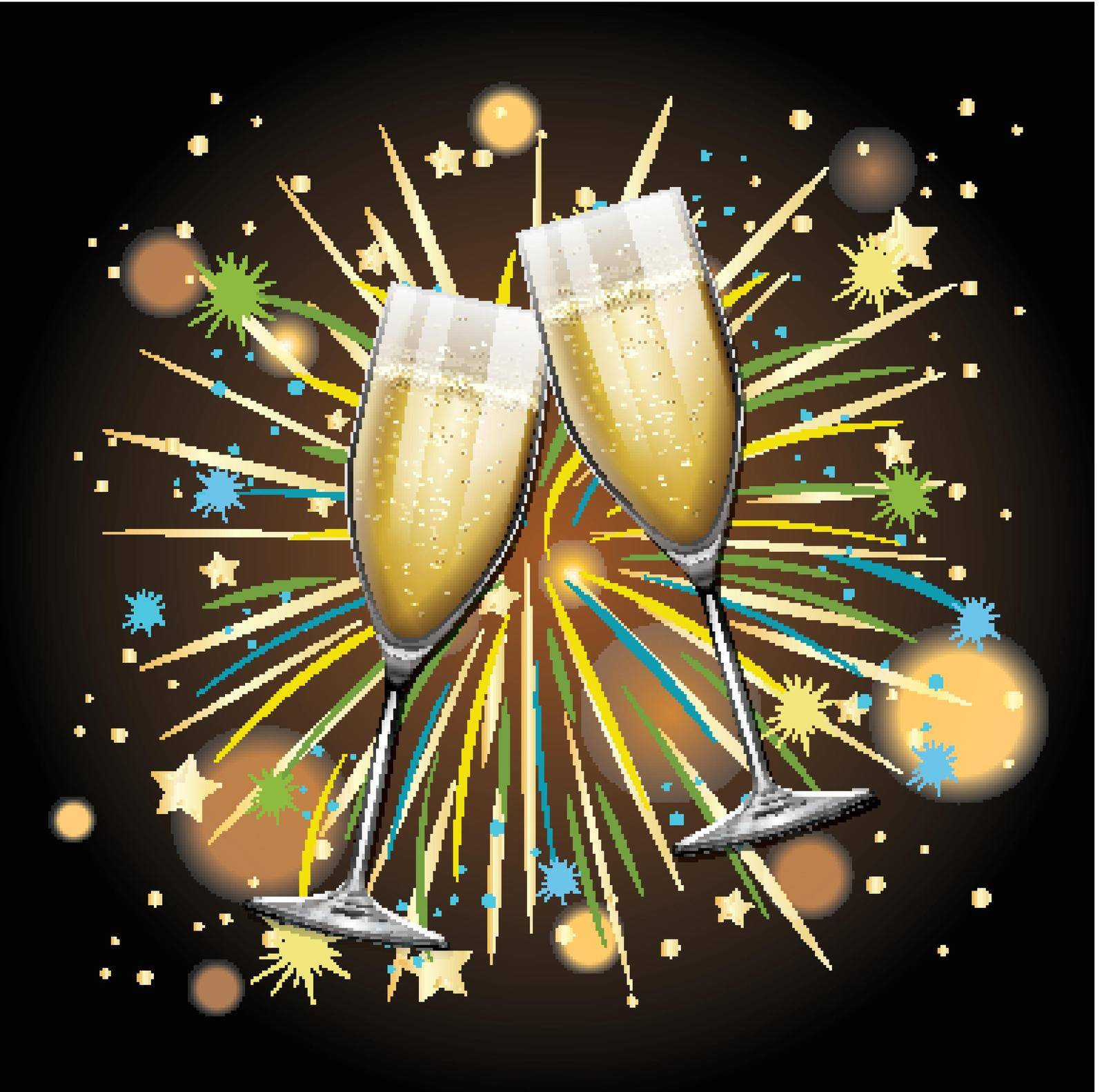 Background with two glasses of champagne and fireworks by iimages