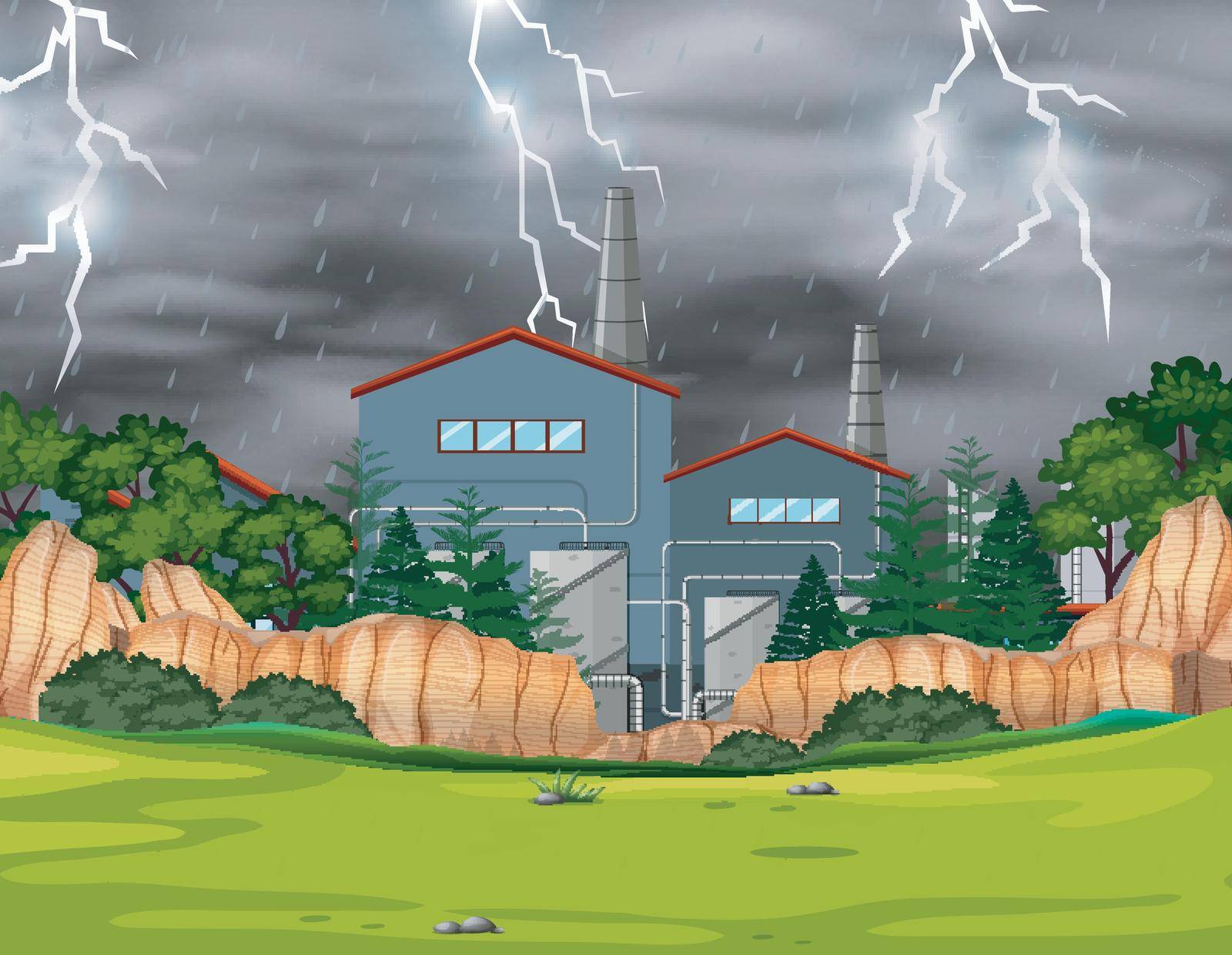 Factory in storm in a park illustration