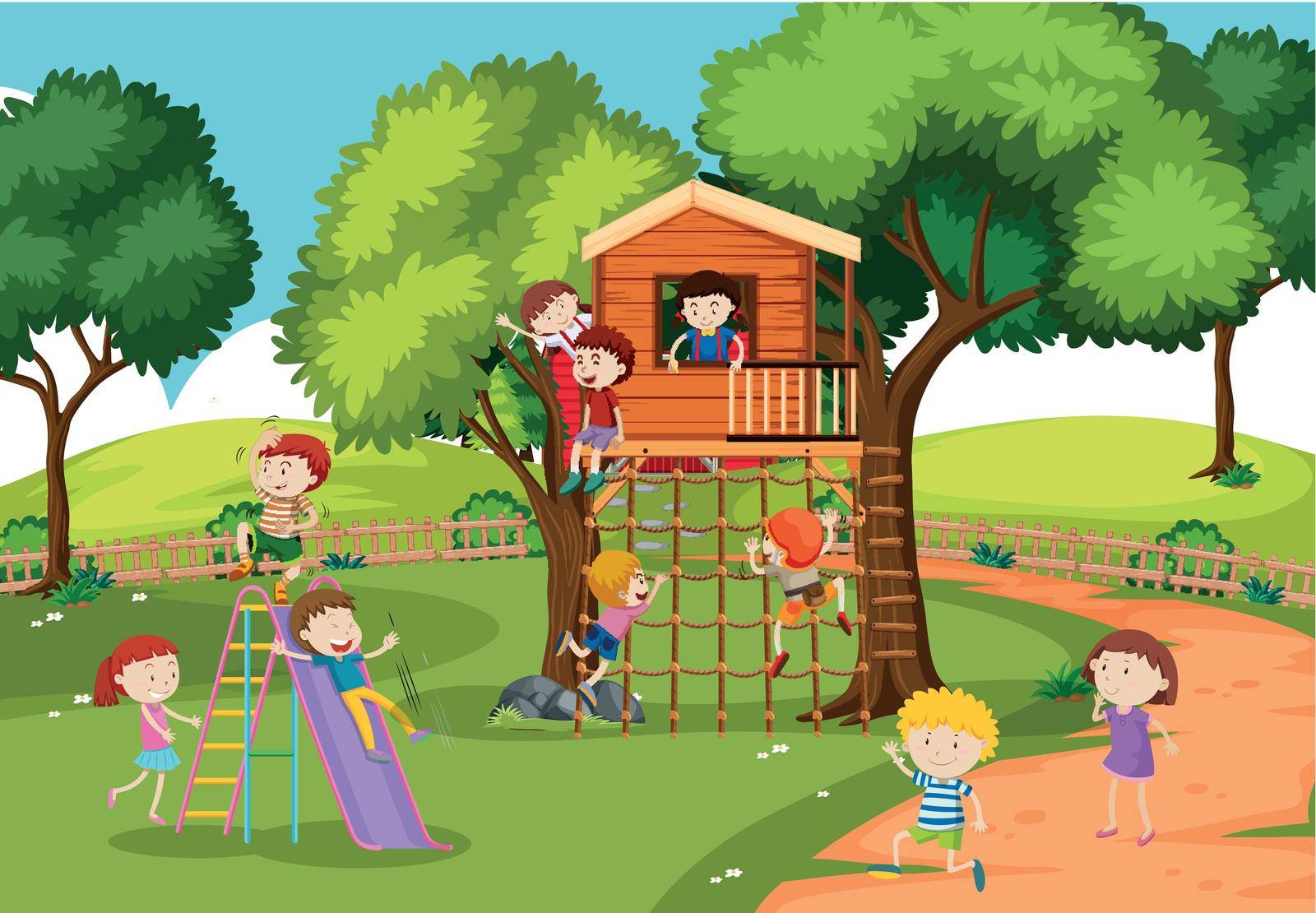 Children at the treehouse illustration