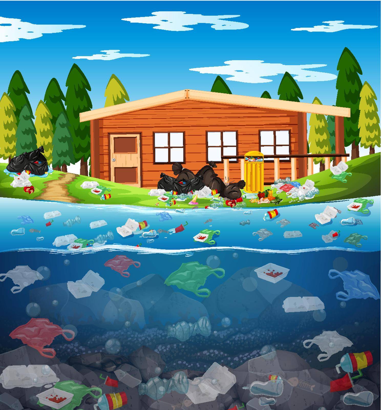 Water pollution with plastic bags in river illustration