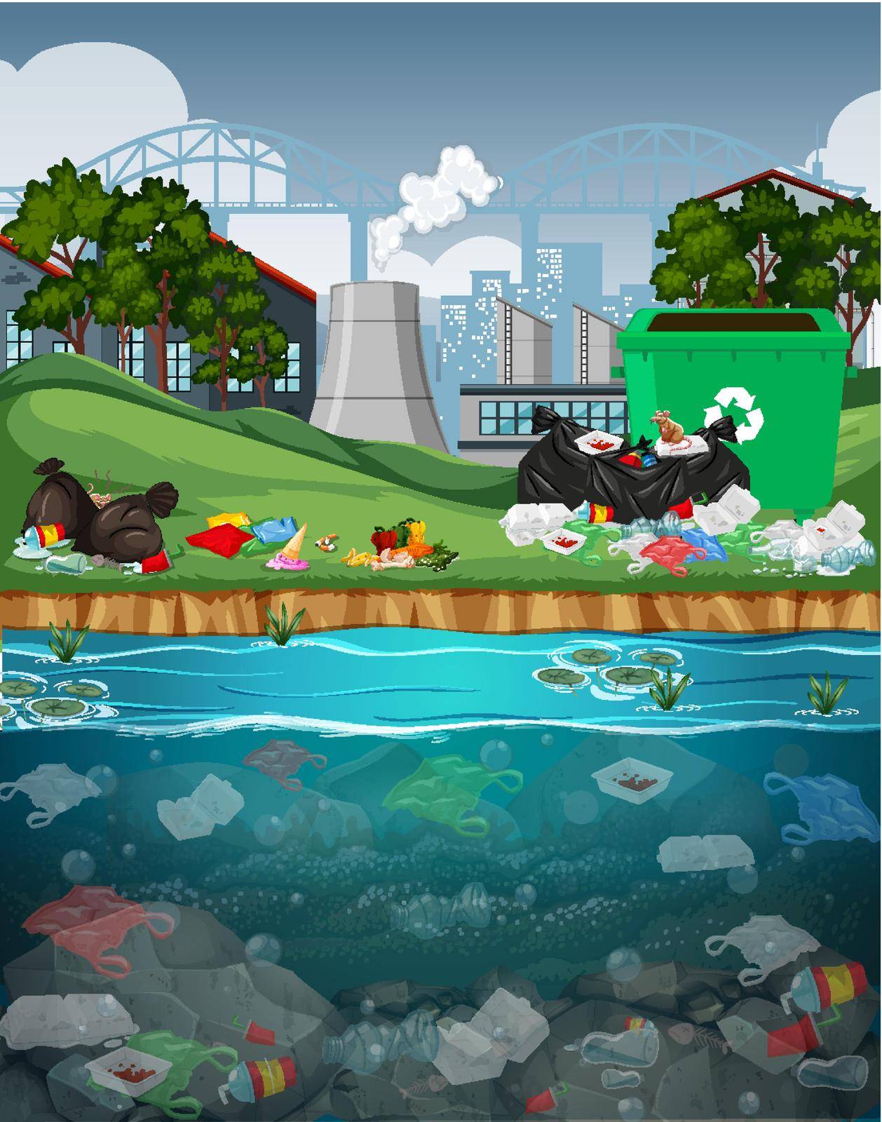 Water pollution with plastic bags in river illustration